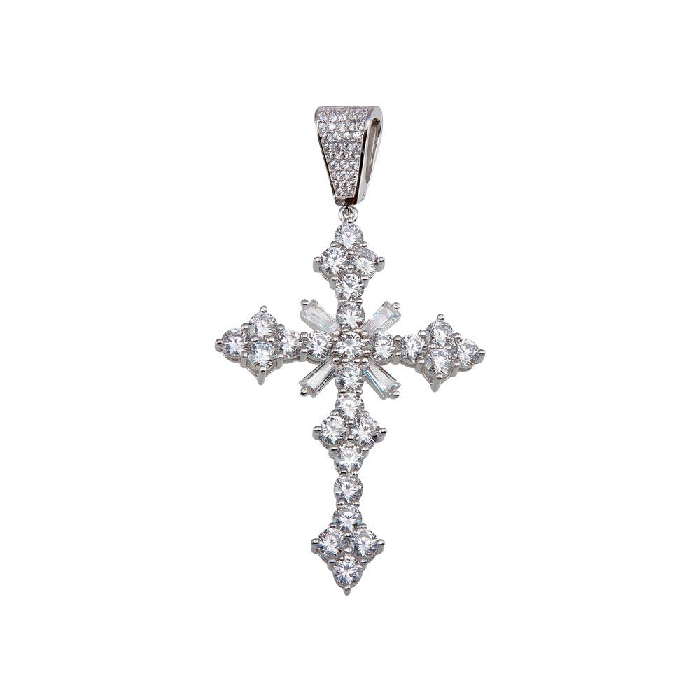 Rhodium Plated 925 Sterling Silver Baguette CZ Cross Pendant