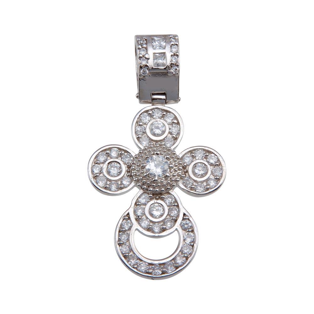 Rhodium Plated 925 Sterling Silver CZ Rounded Cross Pendant