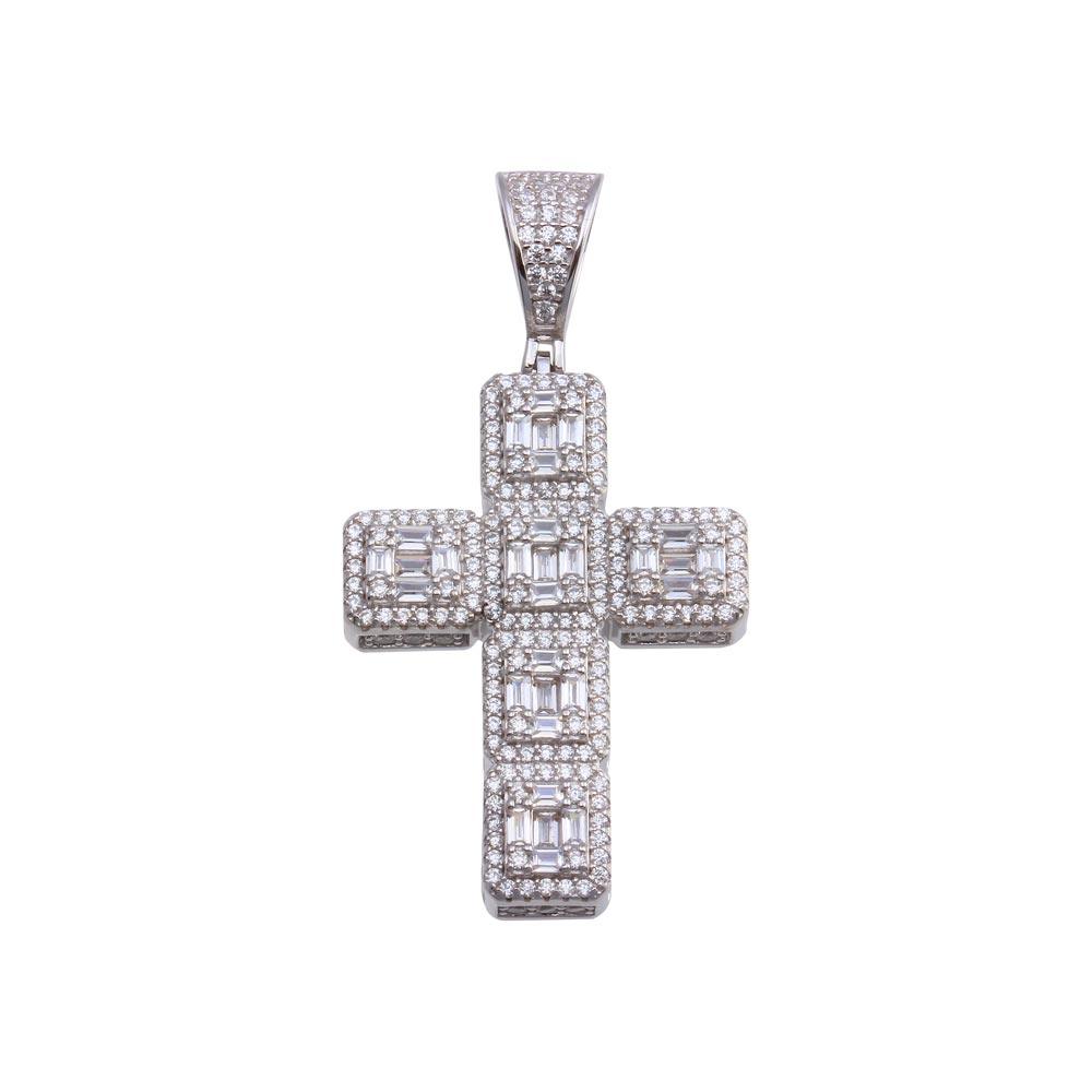 Rhodium Plated 925 Sterling Silver CZ Cross Pendant