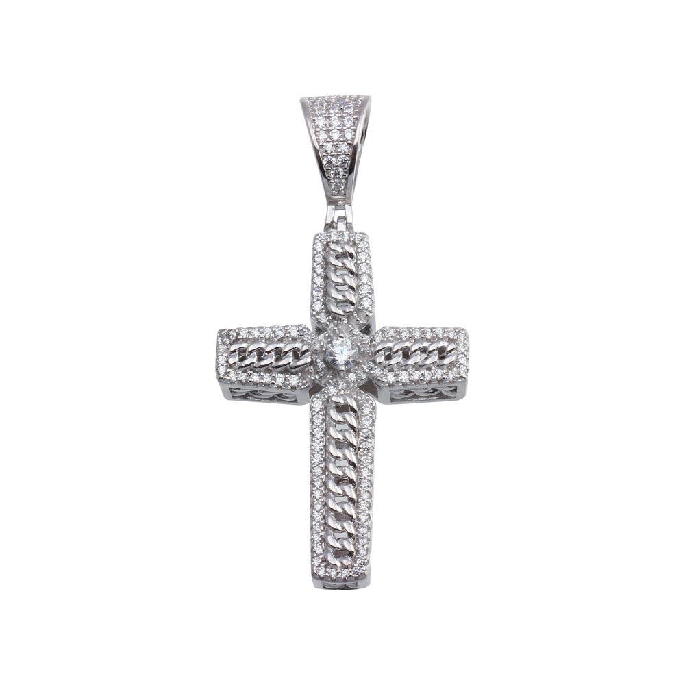Rhodium Plated 925 Sterling Silver CZ Chain Cross Pendant