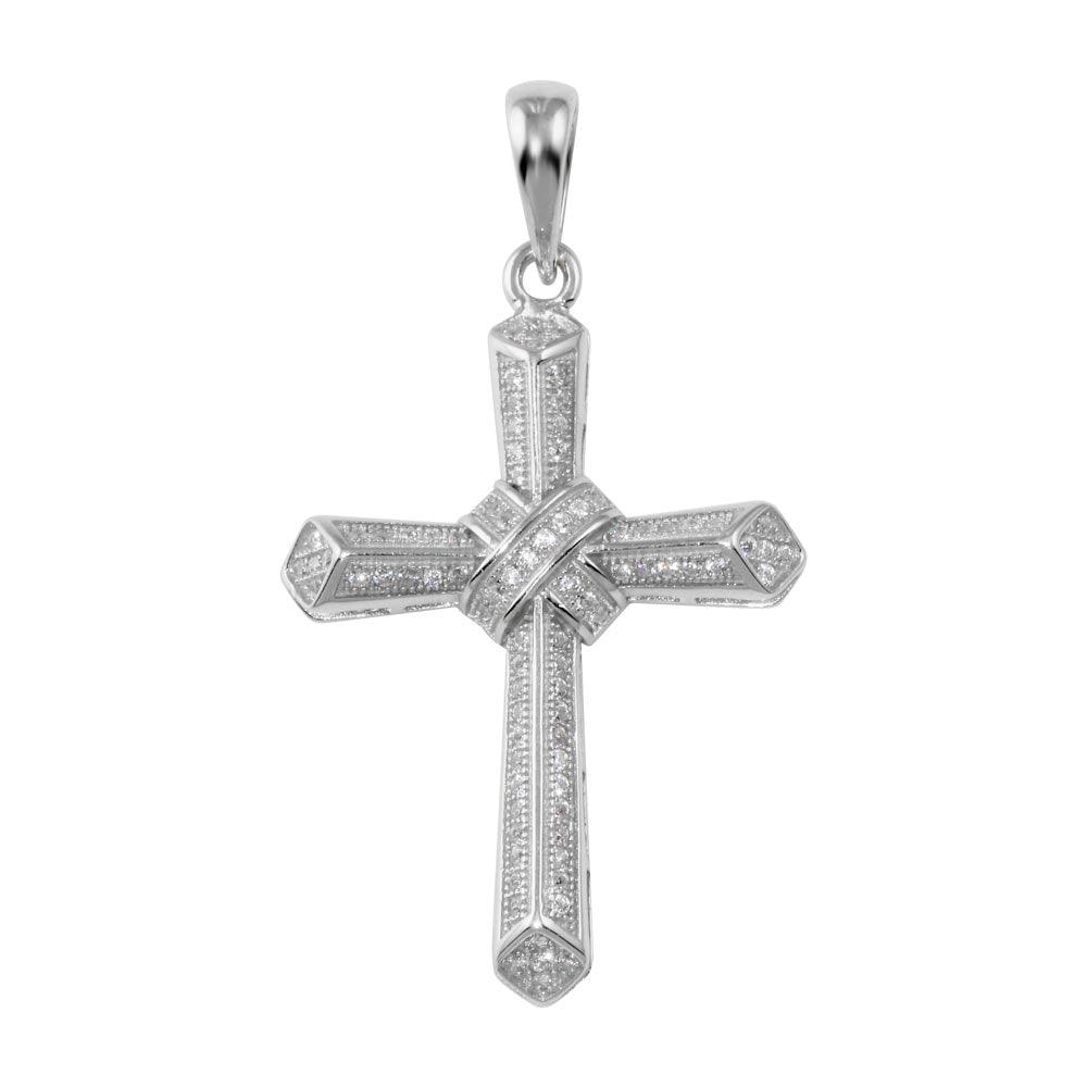 Rhodium Plated 925 Sterling Silver CZ Cross Pendant