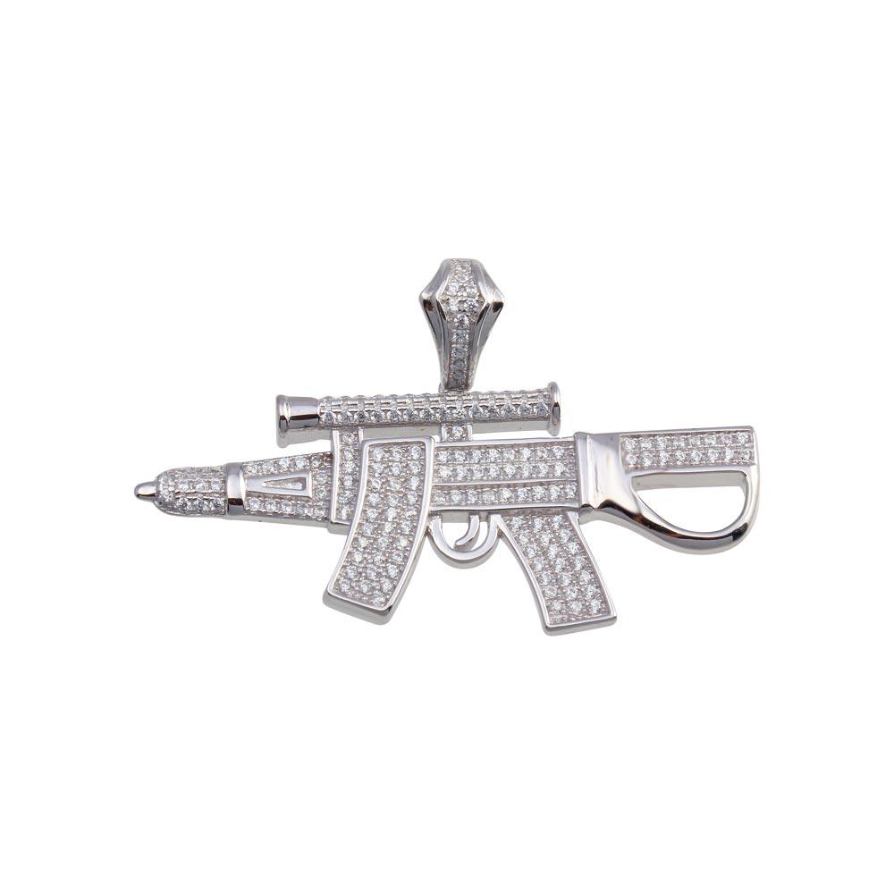 Rhodium Plated 925 Sterling Silver CZ Gun Pendant