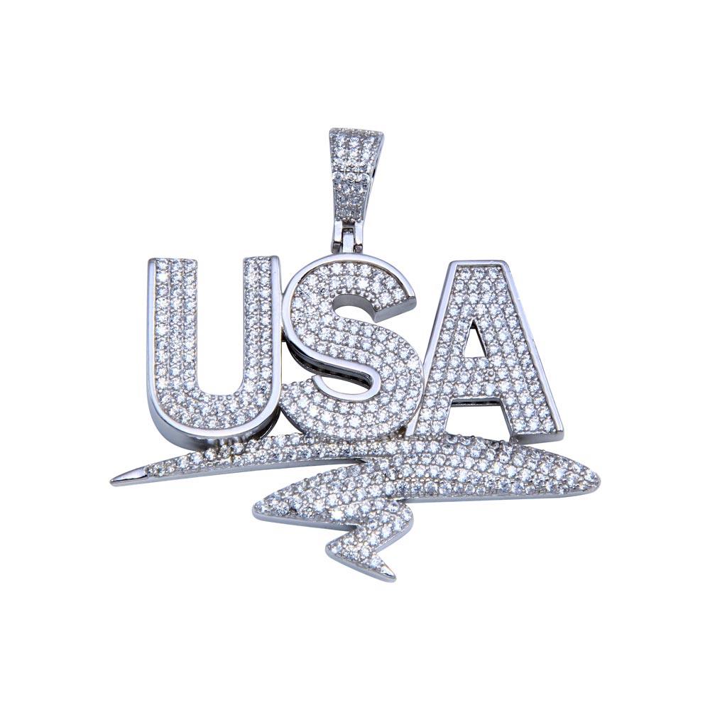 Rhodium Plated 925 Sterling Silver CZ USA Pendant