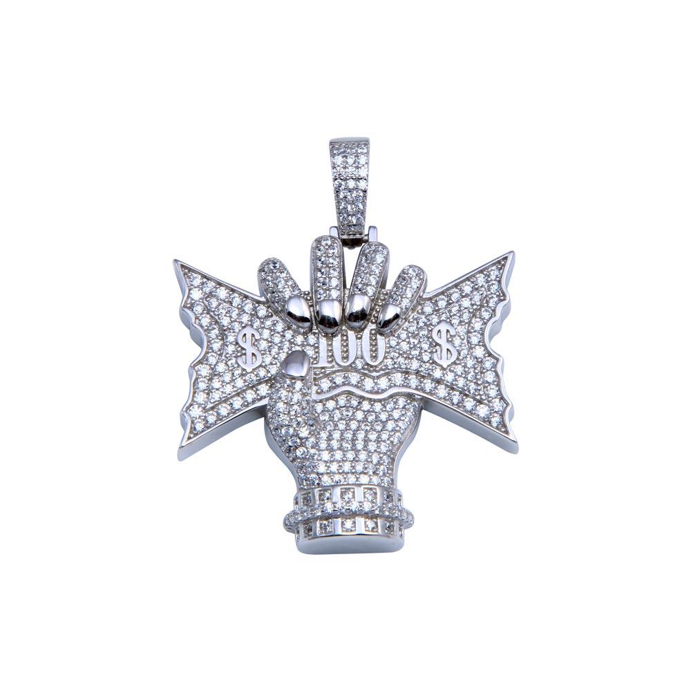 Rhodium Plated 925 Sterling Silver CZ Cash Crunch Pendant