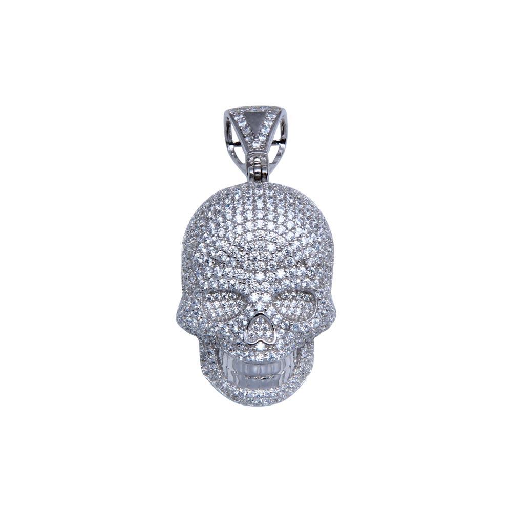 Rhodium Plated 925 Sterling Silver CZ Encrusted Skull Pendant