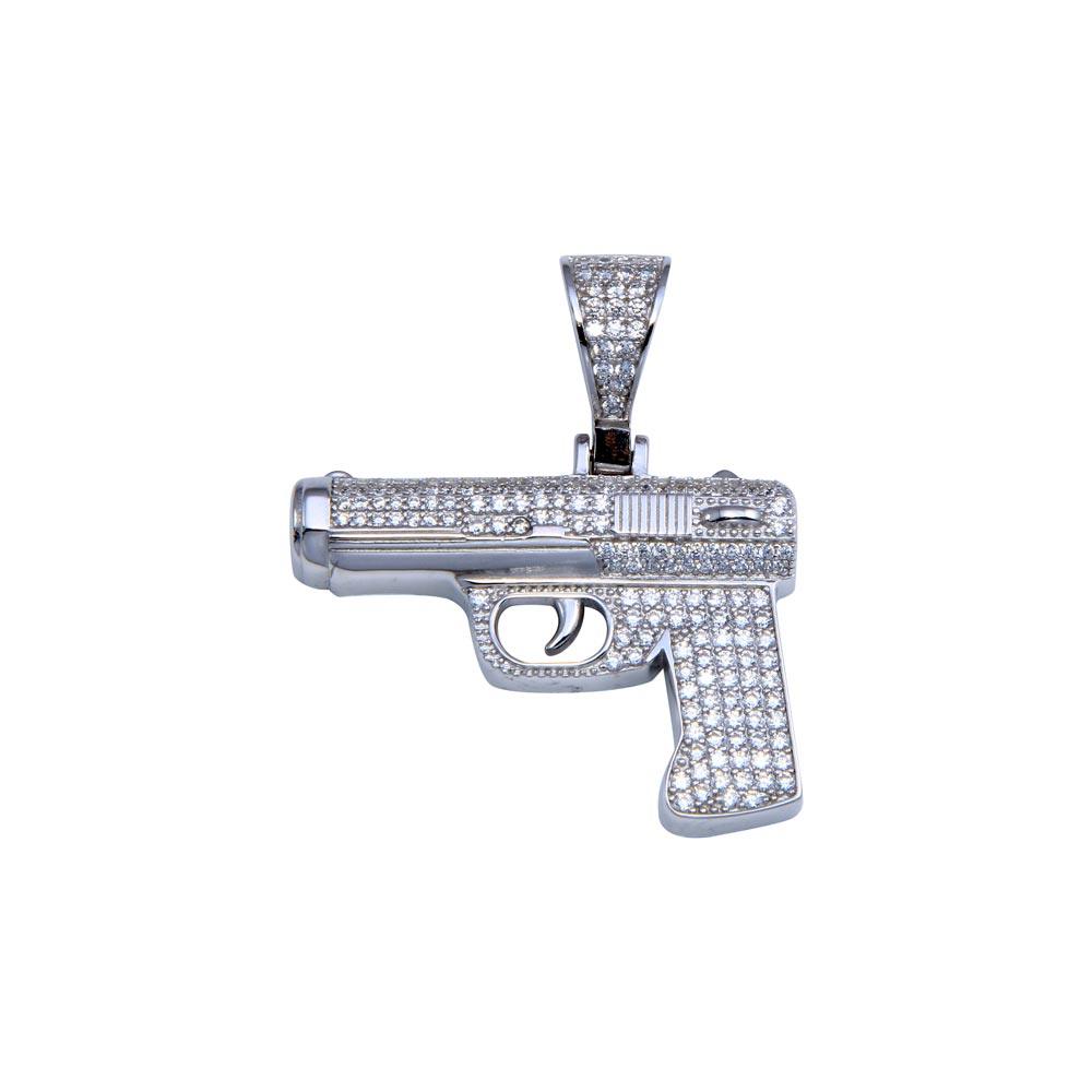 Rhodium Plated 925 Sterling Silver CZ Gun Pendant