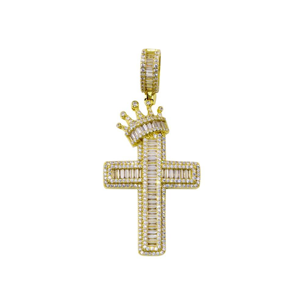 Gold Plated 925 Sterling Silver CZ Crown Cross Pendant