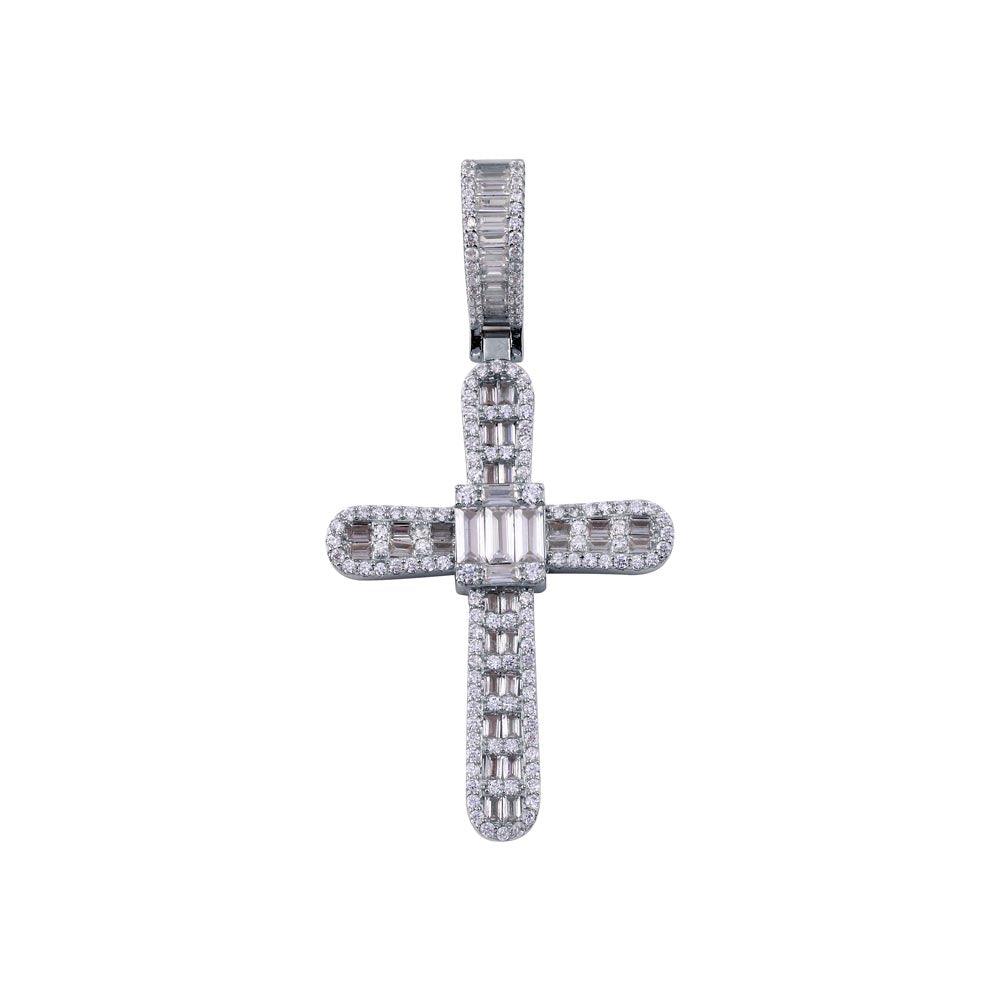 Rhodium Plated 925 Sterling Silver CZ Cross Pendant