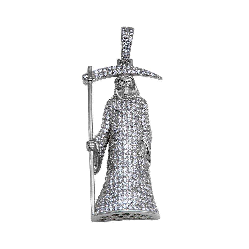 Rhodium Plated 925 Sterling Silver CZ Santa Muerte Pendant