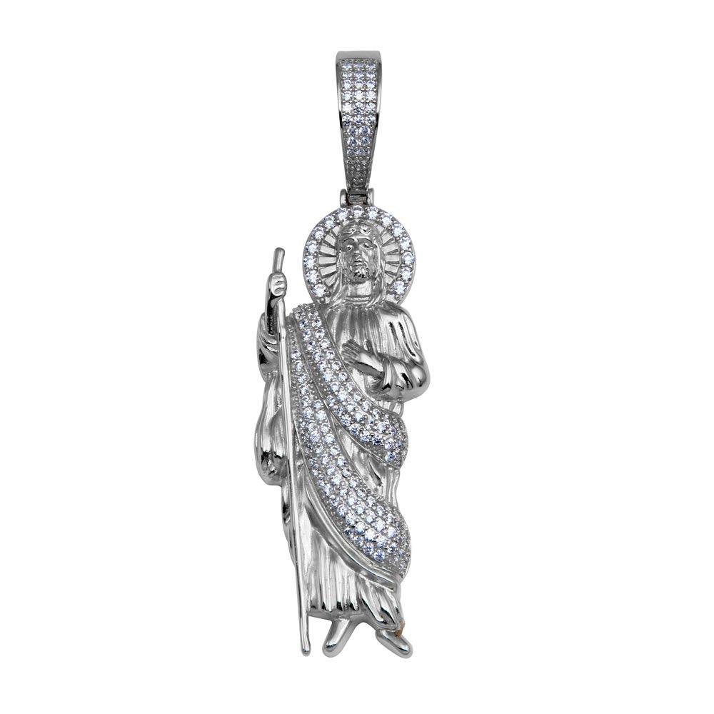Rhodium Plated 925 Sterling Silver CZ St Jude Pendant