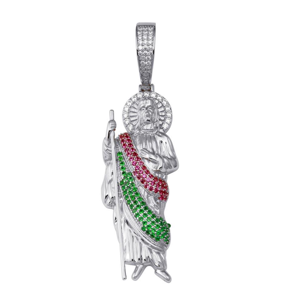 Rhodium Plated 925 Sterling Silver Multi Color CZ St Jude Pendant