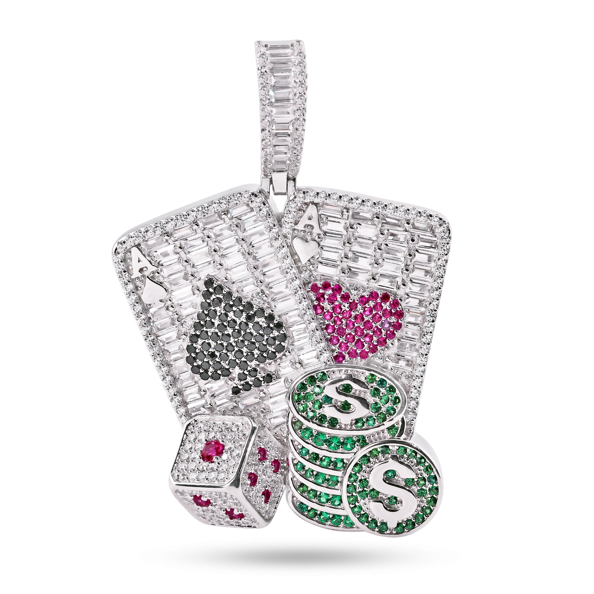 Rhodium Plated 925 Sterling Silver Cards, Dice & Chips CZ Pendant – Clear, Green, Red & Black