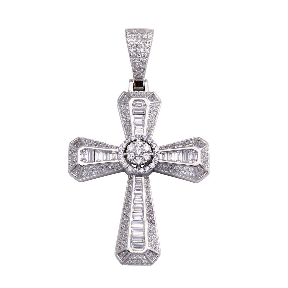 Rhodium Plated 925 Sterling Silver CZ Cross Disc Center Pendant