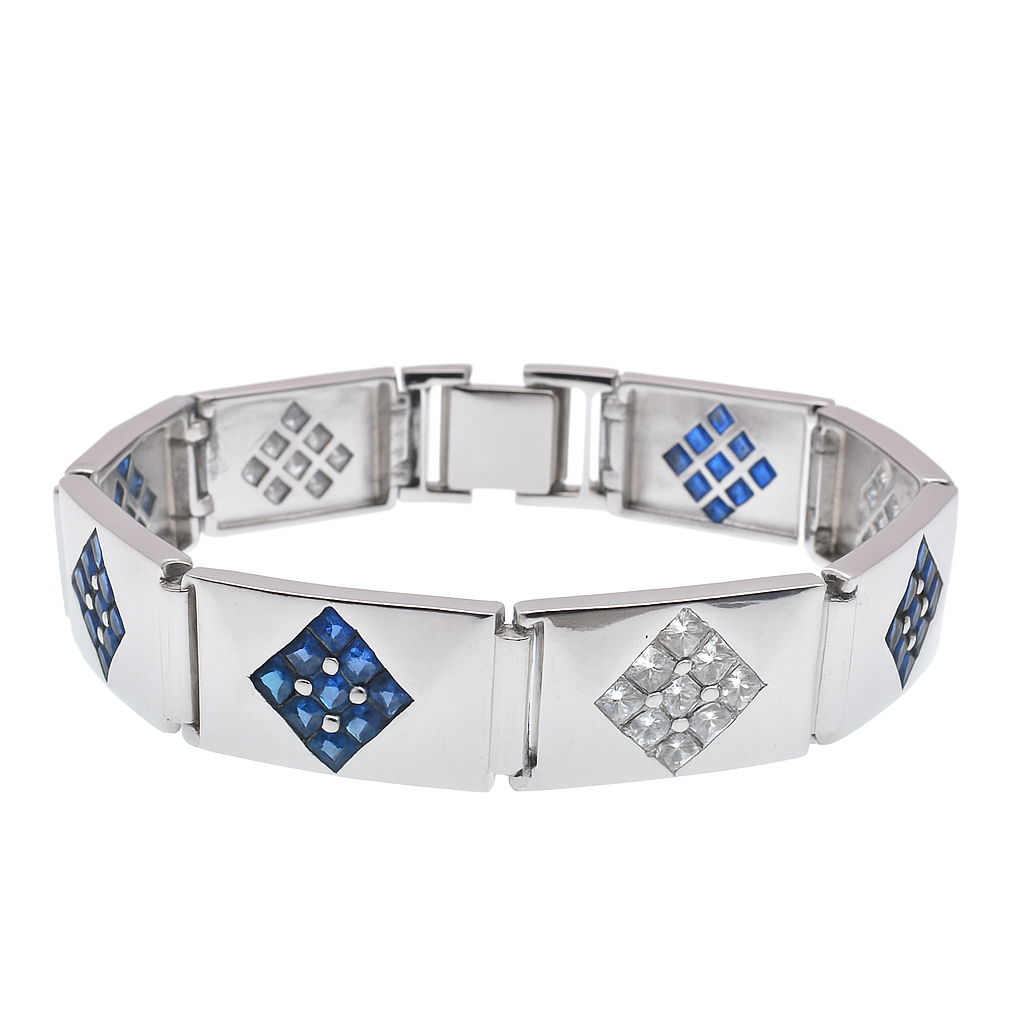 Rhodium Plated 925 Sterling Silver Diamond-Shaped Men’s Bracelet – Clear with Blue or Yellow CZ