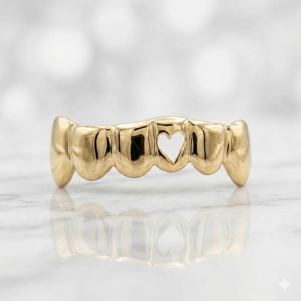 JDWR-6-COCO - 6 TOP OR 6 BOTTOM SOLID GOLD WITH OPEN FACES HEART GRILLZ