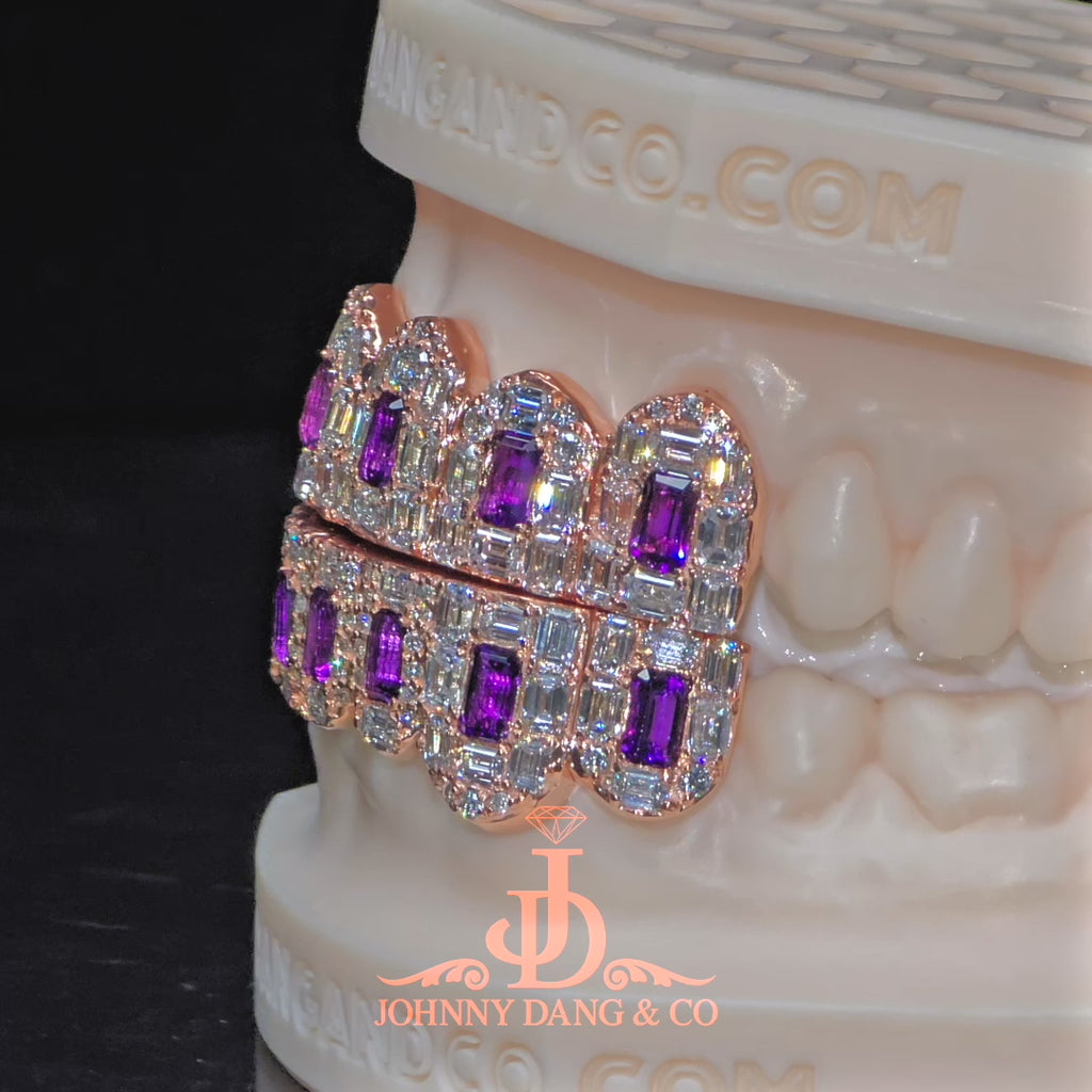 JDWR-2026-31 Flawless Royal Emerald Prong Set Grillz Rose Gold (Pullouts)