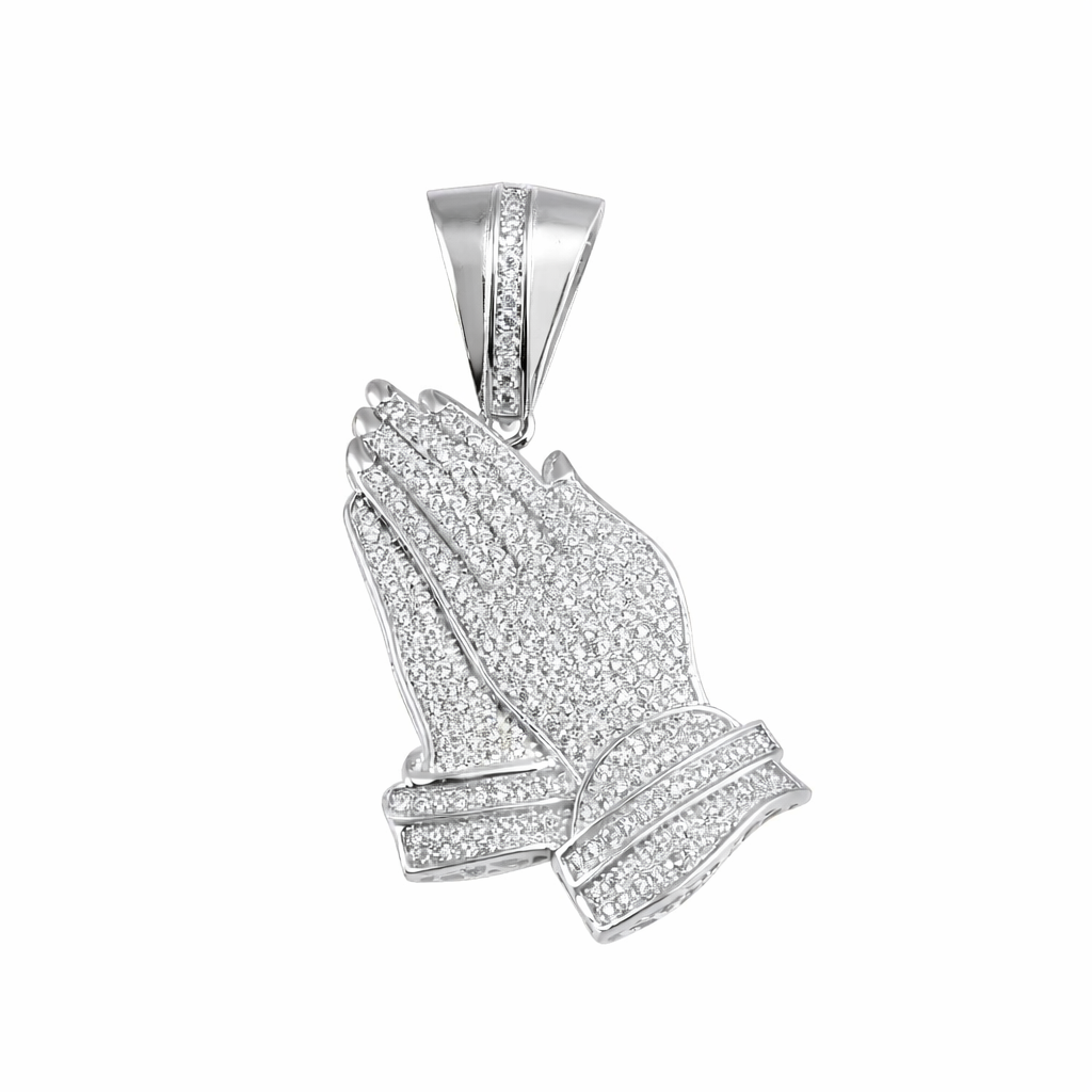 Rhodium Plated 925 Sterling Silver Praying Hand CZ Pendant