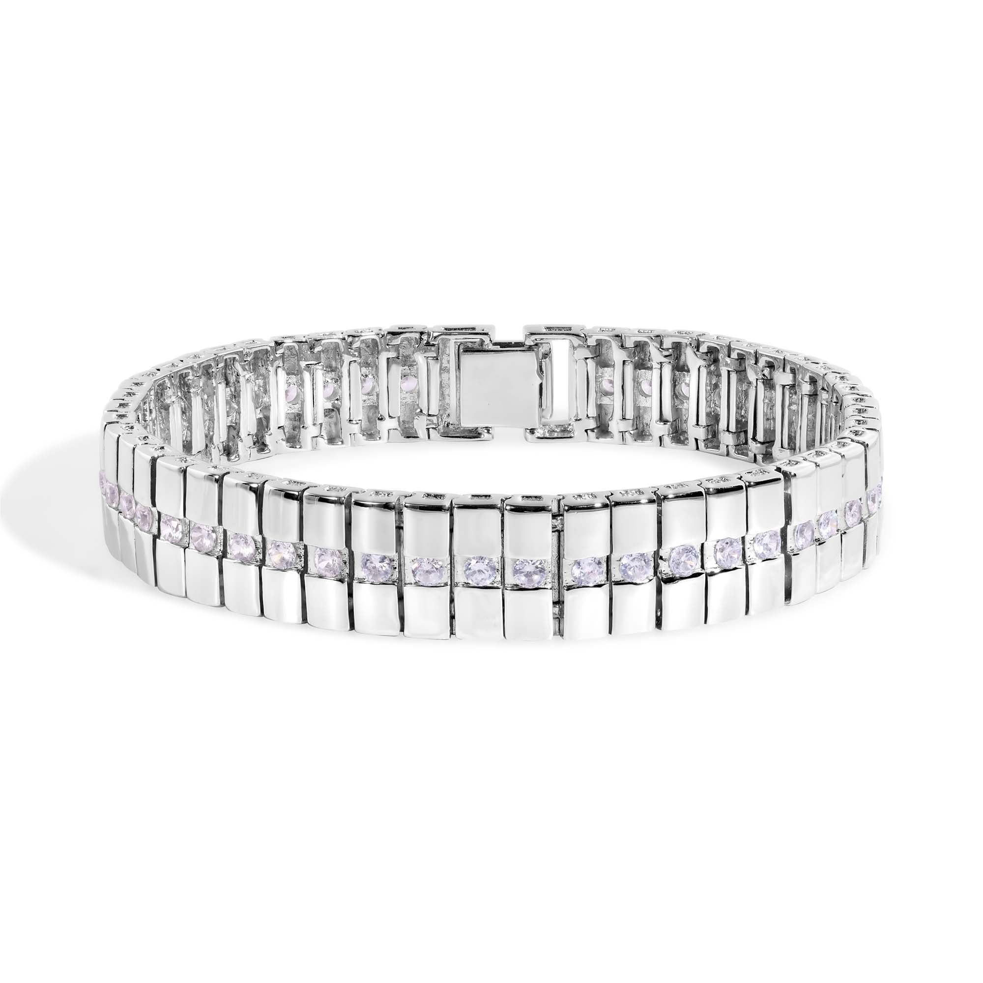 Rhodium Plated 925 Sterling Silver Centered CZ Line Men’s Bracelet