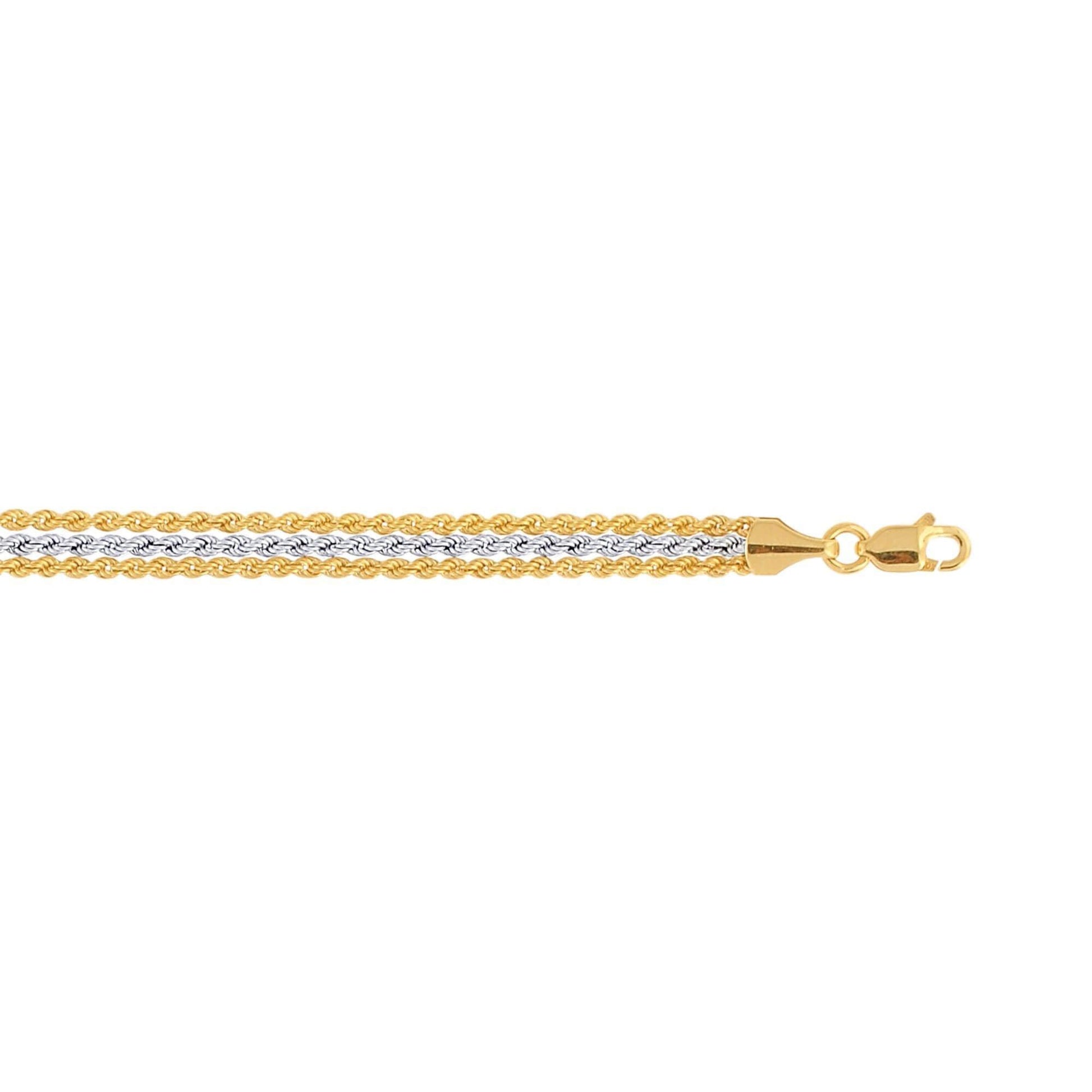 10K 7.25 inches Yellow+White Gold Triple Strand Rope Chain Ladies Fancy Bracelet with Lobster Clasp - Johnny Dang & Co