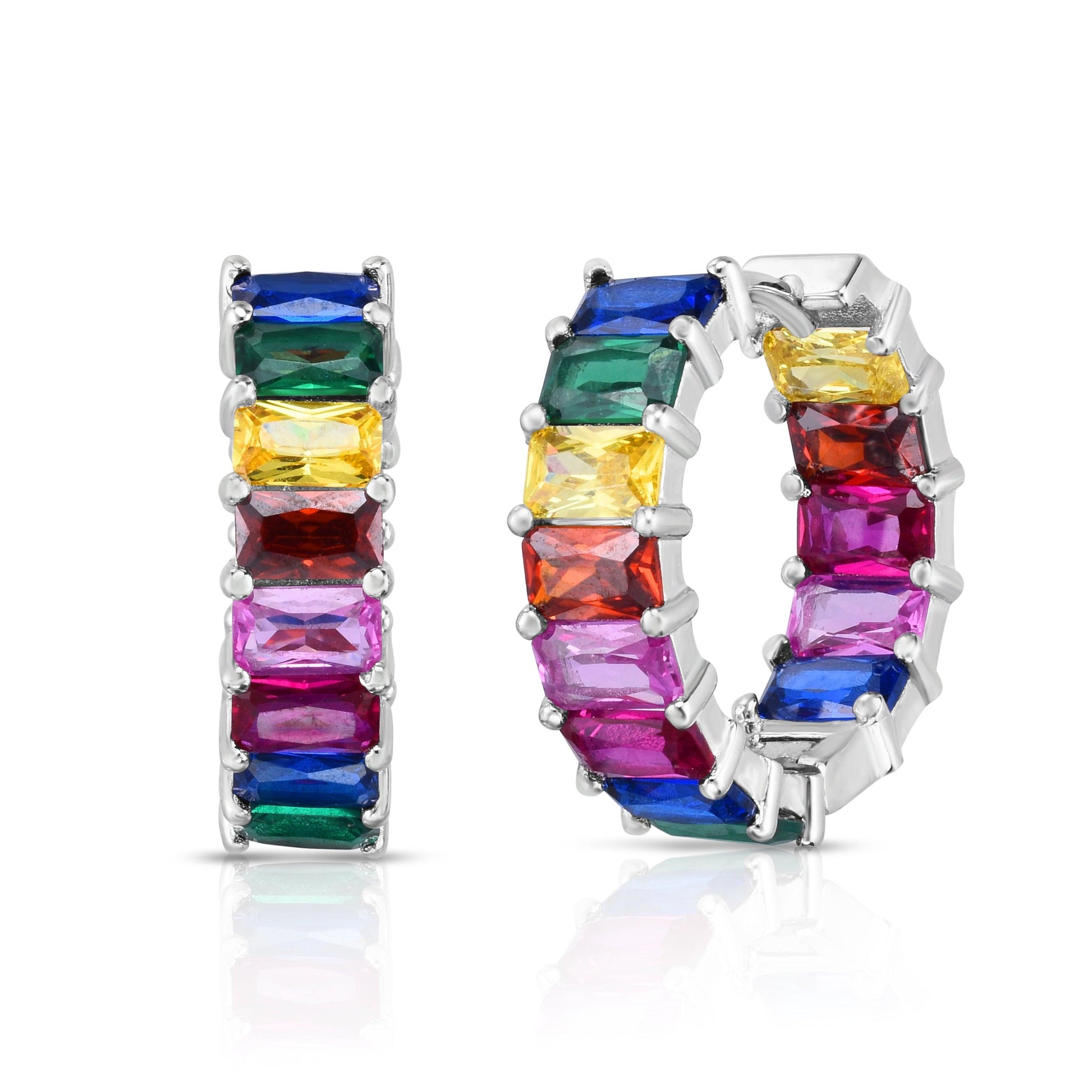 Silver Rainbow CZ Baguette Hoop Earrings - Johnny Dang & Co