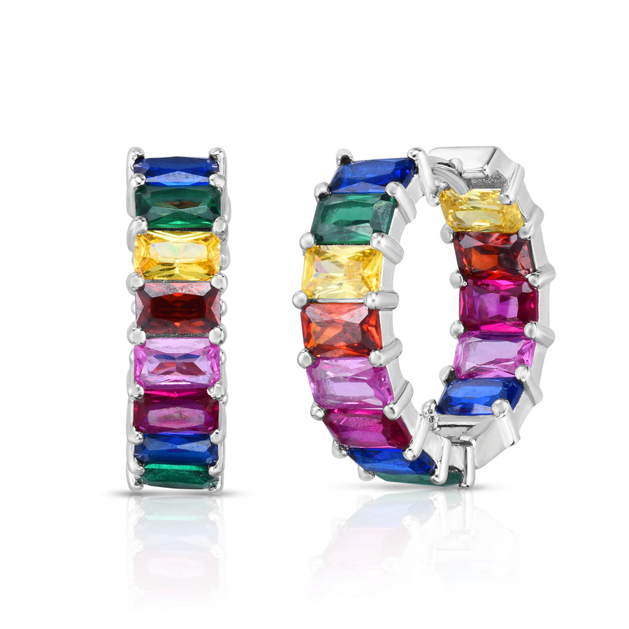 Silver Rainbow CZ Baguette Hoop Earrings