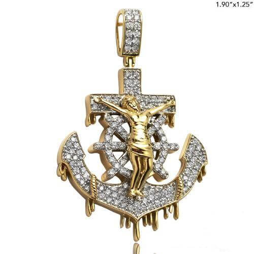10KY 1.35CTW DRIPPING DIAMOND ANCHOR WITH CRUCIFIX