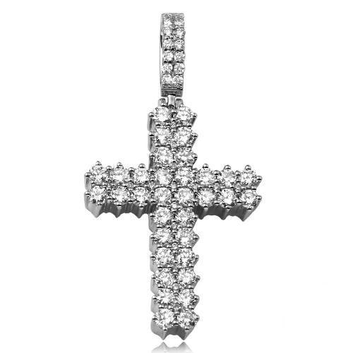 14KW 2.50CTW DIAMOND 2-ROW 3 PRONG CROSS PENDANT - Johnny Dang & Co