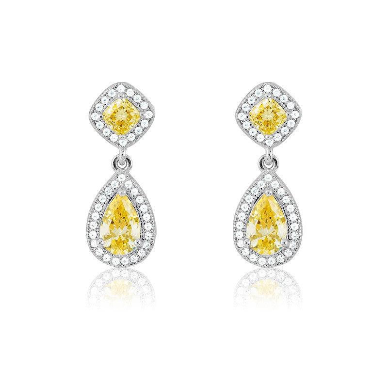 Sterling Silver Micro Pave Teardrop With Yellow CZ Center and Sqaure on Top Earrings (80 stones) - Johnny Dang & Co