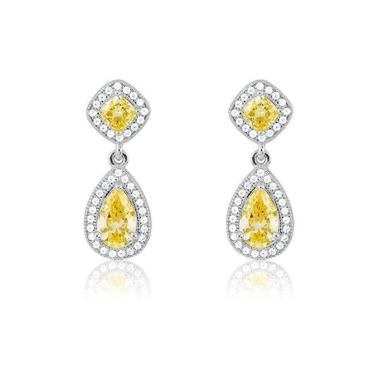 Sterling Silver Micro Pave Teardrop With Yellow CZ Center and Sqaure on Top Earrings (80 stones) - Johnny Dang & Co