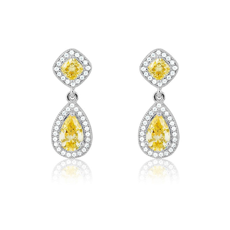 Sterling Silver Micro Pave Teardrop With Yellow CZ Center and Sqaure on Top Earrings (80 stones)