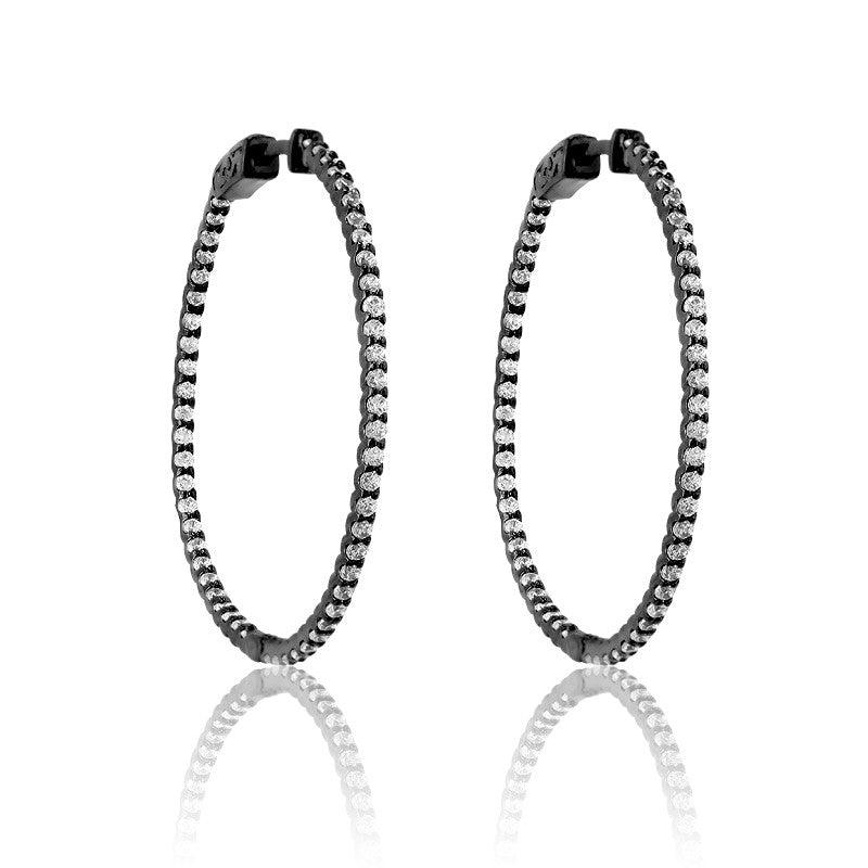 Sterling Silver Black Plated Inside Outside CZ Large Hoop Earrings - Johnny Dang & Co