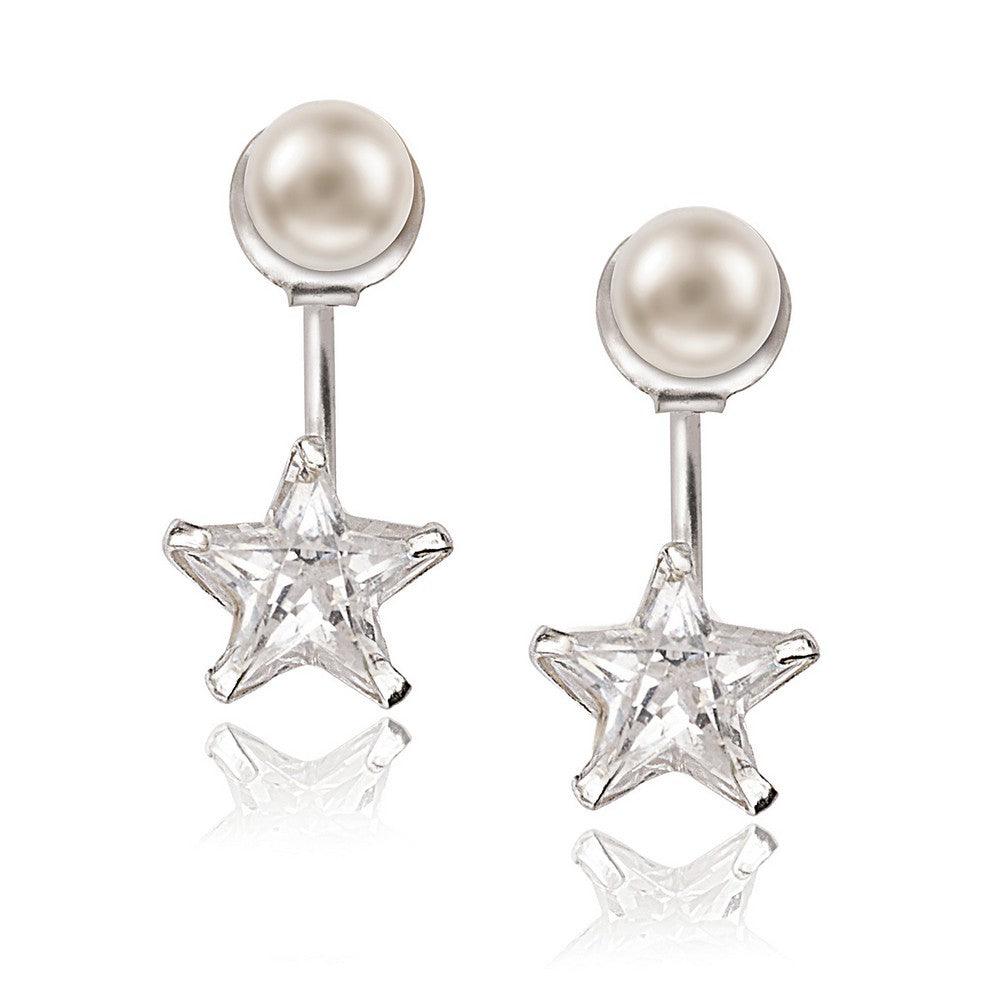 Sterling Silver 5mm Pearl Front with 9mm Star Shaped CZ Back Earrings - Johnny Dang & Co
