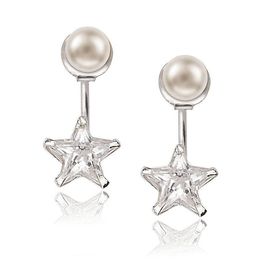 Sterling Silver 5mm Pearl Front with 9mm Star Shaped CZ Back Earrings - Johnny Dang & Co
