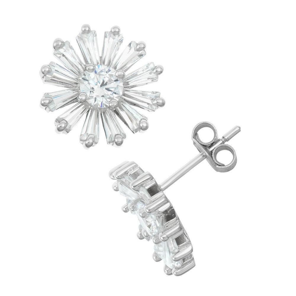 Sterling Silver Baguette CZ Daisy Stud Earrings - Johnny Dang & Co