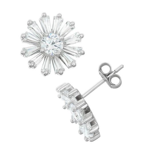 Sterling Silver Baguette CZ Daisy Stud Earrings - Johnny Dang & Co