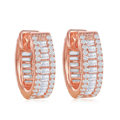 Sterling Silver Baguette CZ Small Hoop Earrings - Rose Gold Plated - Johnny Dang & Co