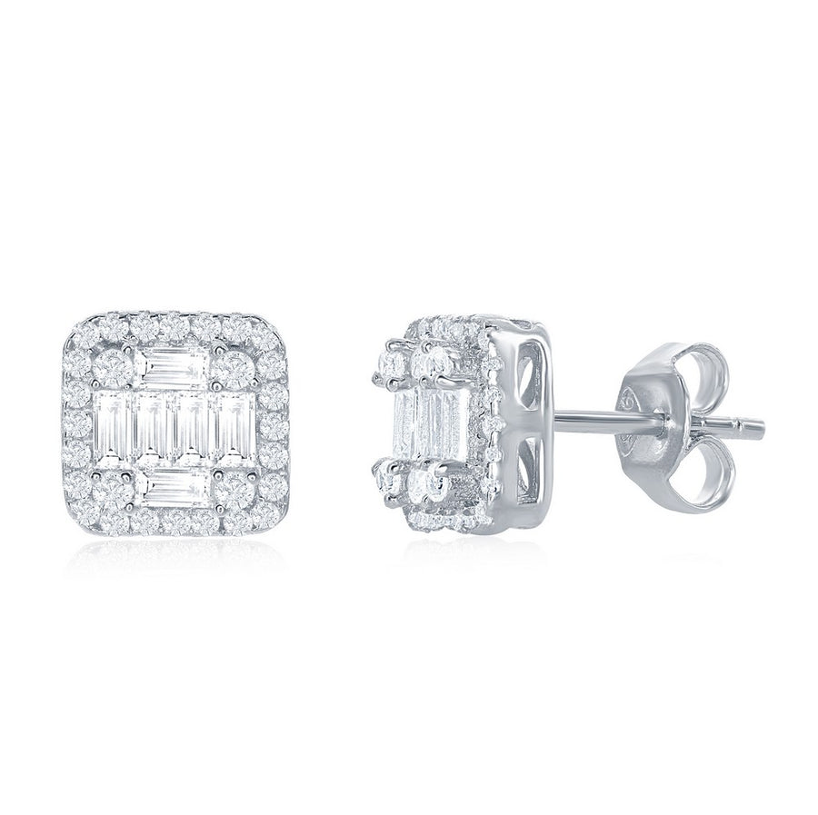 Sterling Silver Square Baguette CZ Stud Earrings - White, Rose Or Yellow Plated