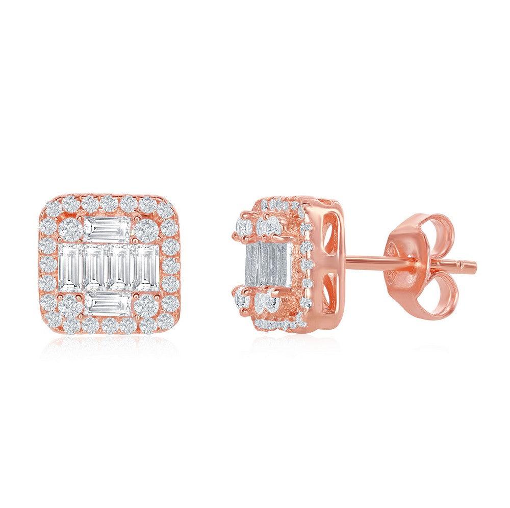 Sterling Silver Square Baguette CZ Stud Earrings - White, Rose Or Yellow Plated - Johnny Dang & Co