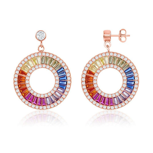 Sterling Silver Rainbow Baguette CZ Open Circle Earrings - Rose Gold Plated - Johnny Dang & Co