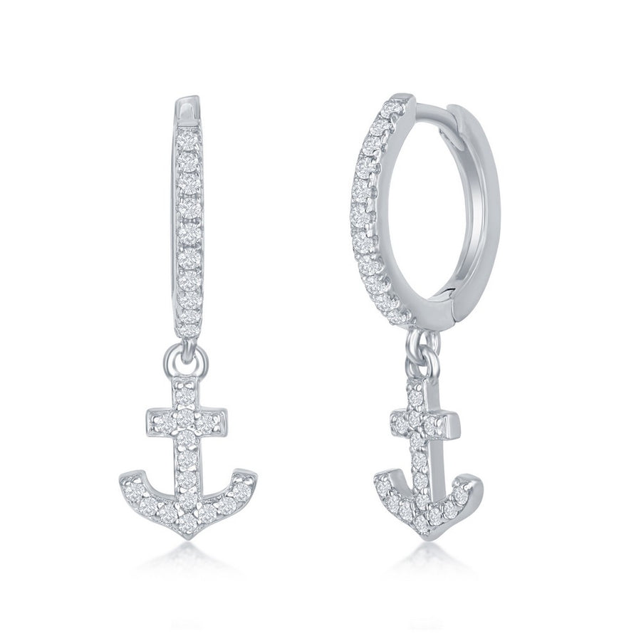Sterling Silver Small Huggie Hoop CZ Anchor Earring