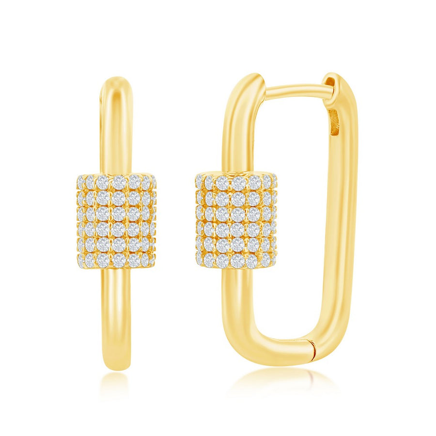 Sterling Silver Micro Pave CZ Oval Carabiner Paperclip Earrings - Gold Plated