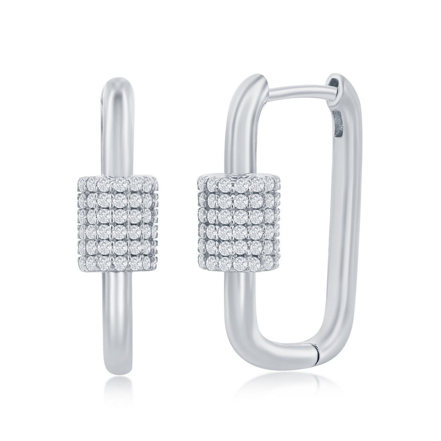 Sterling Silver Micro Pave CZ Oval Carabiner Paperclip Earrings