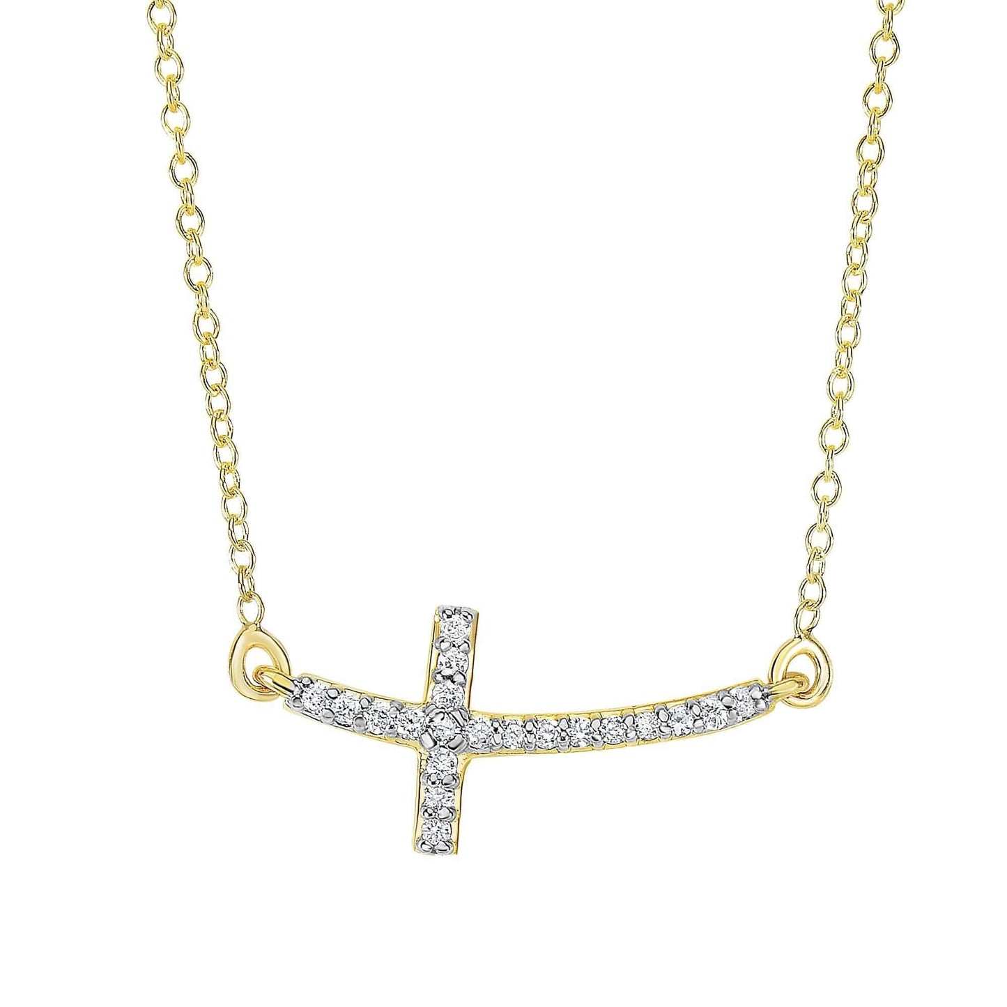 14kt Yellow Gold 18 inches 0.12ct Side Cross Necklace with Short curved Side way Cross - Johnny Dang & Co