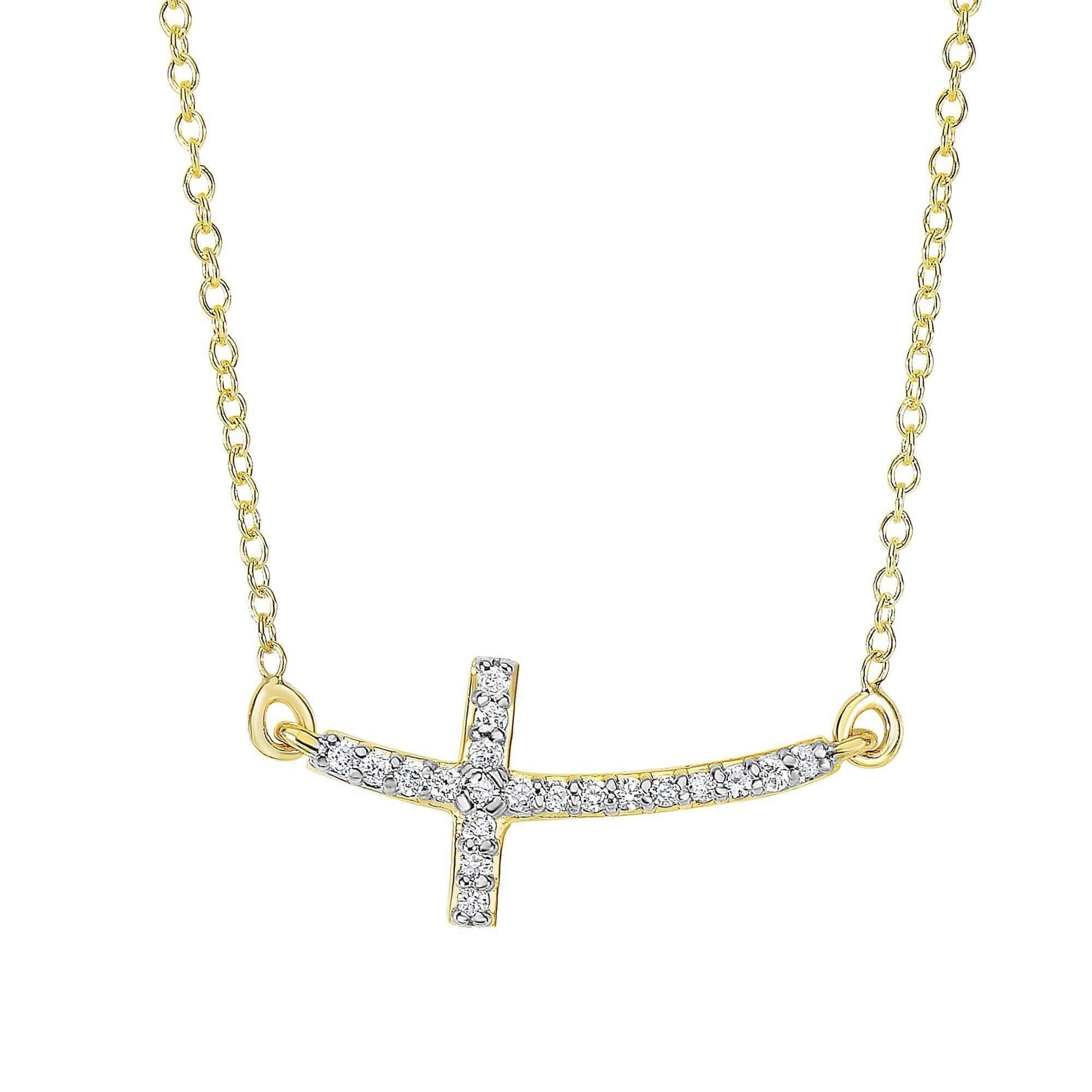 14kt Yellow Gold 18 inches 0.12ct Side Cross Necklace with Short curved Side way Cross - Johnny Dang & Co