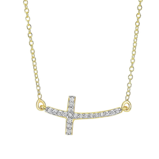 14kt Yellow Gold 18 inches 0.12ct Side Cross Necklace with Short curved Side way Cross - Johnny Dang & Co