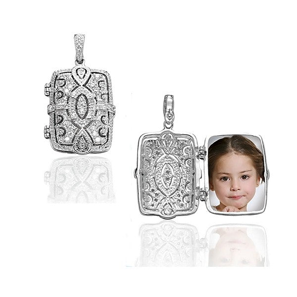 Sterling Silver CZ Rectangular Design Locket With Chain