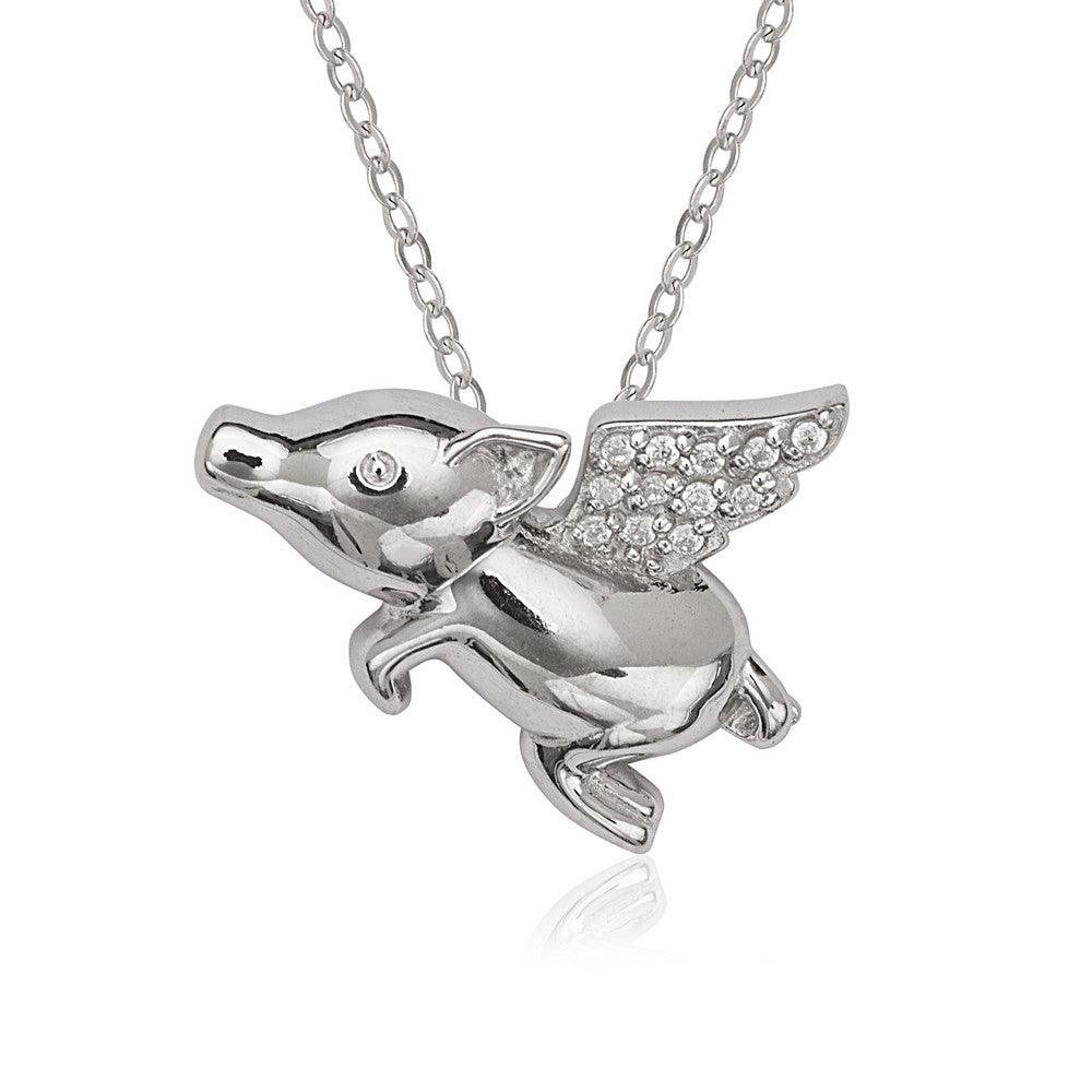 Sterling Silver Flying Pig with CZ Wings Pendant - Johnny Dang & Co