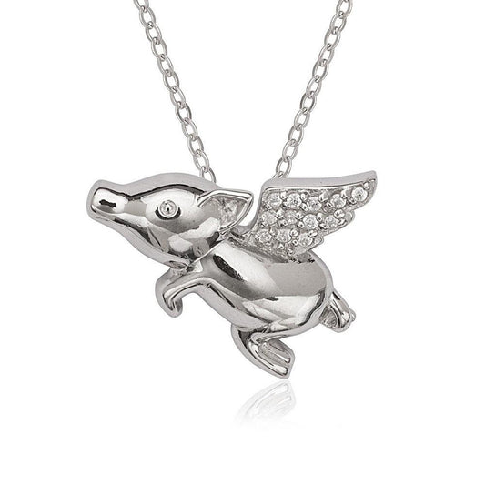 Sterling Silver Flying Pig with CZ Wings Pendant - Johnny Dang & Co