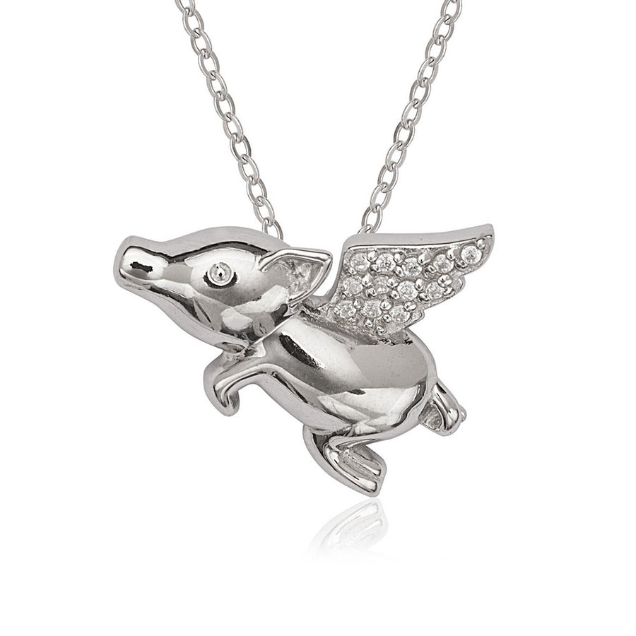 Sterling Silver Flying Pig with CZ Wings Pendant