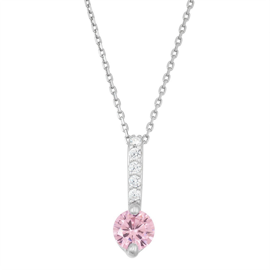 Sterling Silver Thin Bar with Round Stud CZ Pendent - Pink CZ